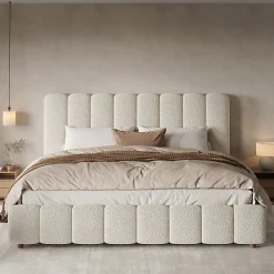 Lit coffre rembourré 180x200cm - Tête de lit rembourrée - Rangement sous le lit - Sommier à lattes - Bouclé - Blanc(sans matelas)><noscript><img width=