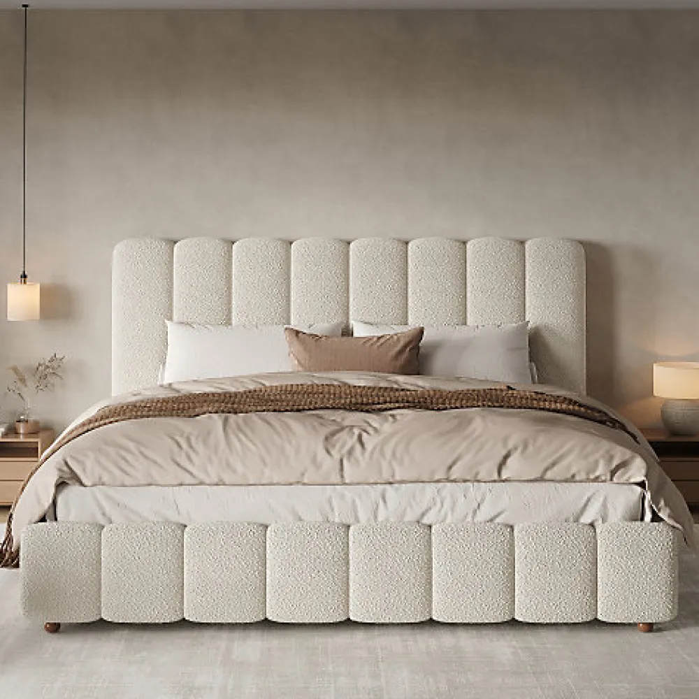 Lit coffre rembourré 180x200cm - Tête de lit rembourrée - Rangement sous le lit - Sommier à lattes - Bouclé - Blanc(sans matelas)>ModernLuxe