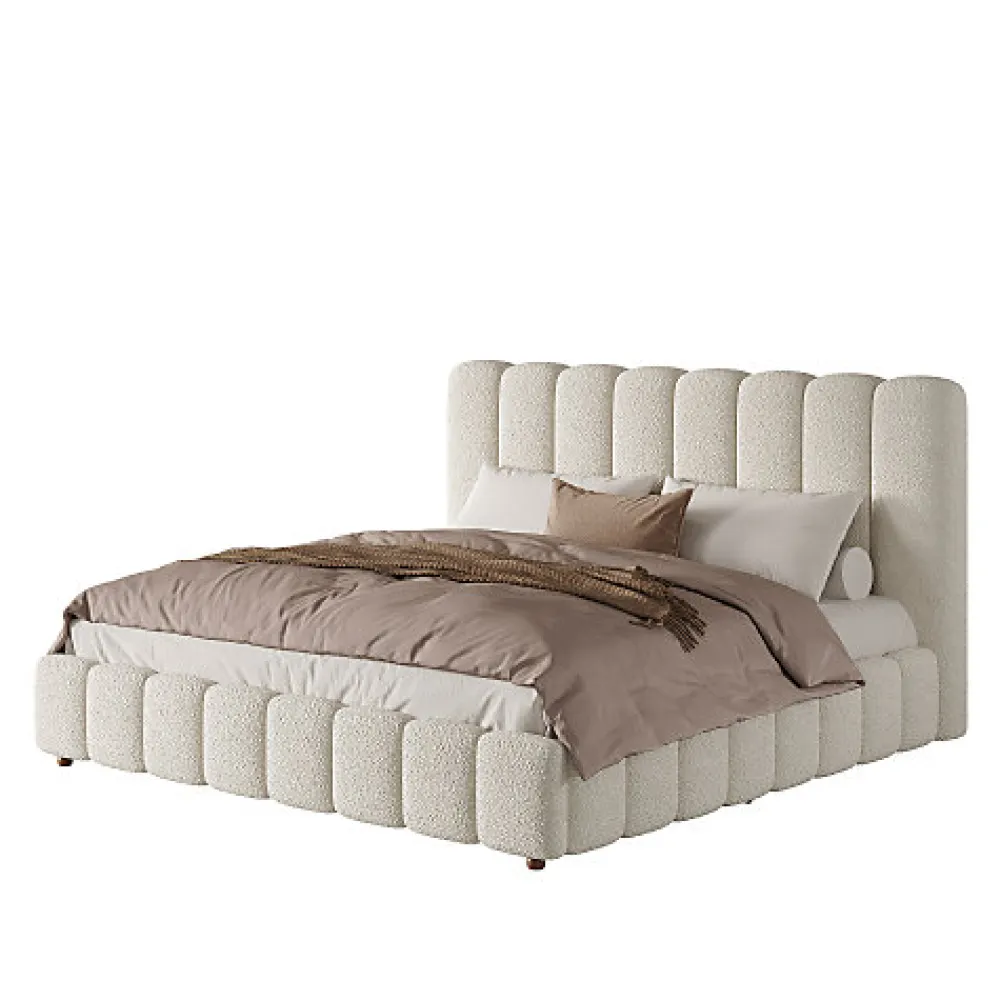 Lit coffre rembourré 180x200cm - Tête de lit rembourrée - Rangement sous le lit - Sommier à lattes - Bouclé - Blanc(sans matelas)>ModernLuxe