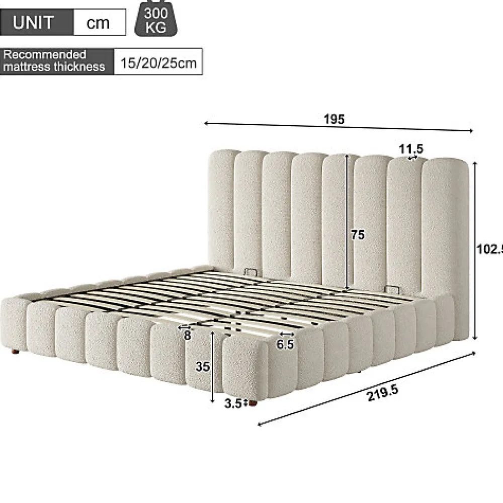 Lit coffre rembourré 180x200cm - Tête de lit rembourrée - Rangement sous le lit - Sommier à lattes - Bouclé - Blanc(sans matelas)>ModernLuxe