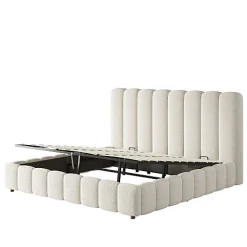 Lit coffre rembourré 180x200cm - Tête de lit rembourrée - Rangement sous le lit - Sommier à lattes - Bouclé - Blanc(sans matelas)><noscript><img width=