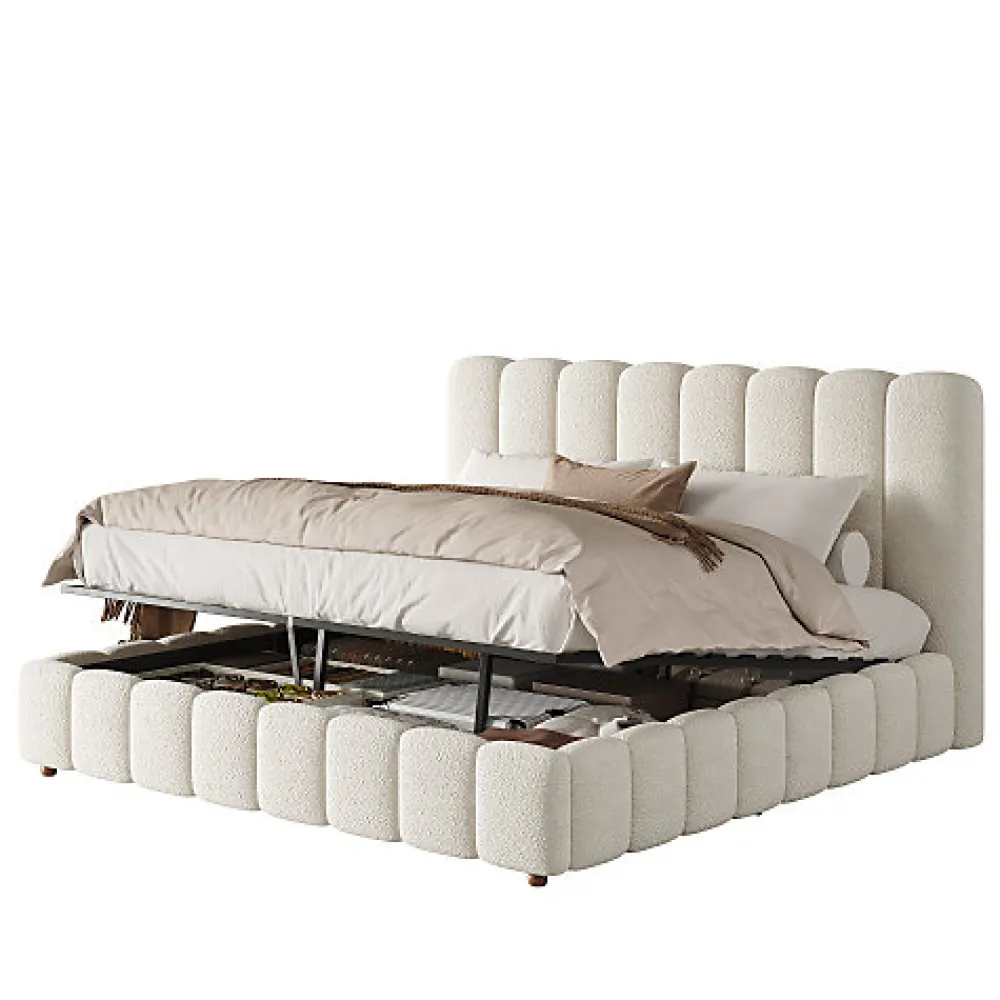 Lit coffre rembourré 180x200cm - Tête de lit rembourrée - Rangement sous le lit - Sommier à lattes - Bouclé - Blanc(sans matelas)>ModernLuxe