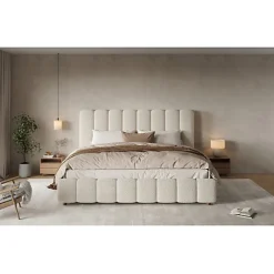 Lit coffre rembourré 180x200cm - Tête de lit rembourrée - Rangement sous le lit - Sommier à lattes - Bouclé - Blanc(sans matelas)><noscript><img width=