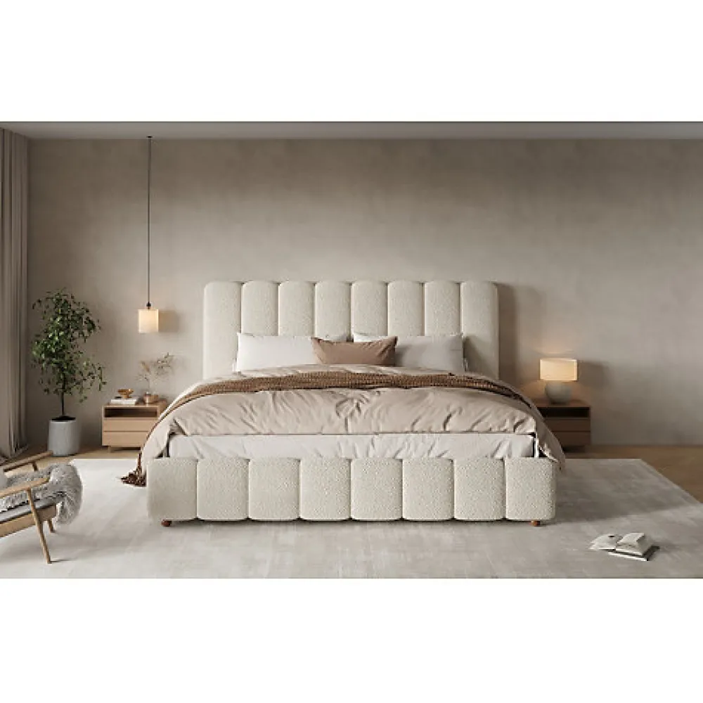 Lit coffre rembourré 180x200cm - Tête de lit rembourrée - Rangement sous le lit - Sommier à lattes - Bouclé - Blanc(sans matelas)>ModernLuxe