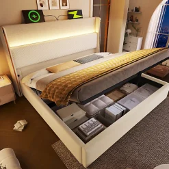 Lit coffre rembourré 140x200cm avec éclairage LED - ports USB et Type-C - tissu en Lin - Beige (sans matelas)>ModernLuxe Clearance