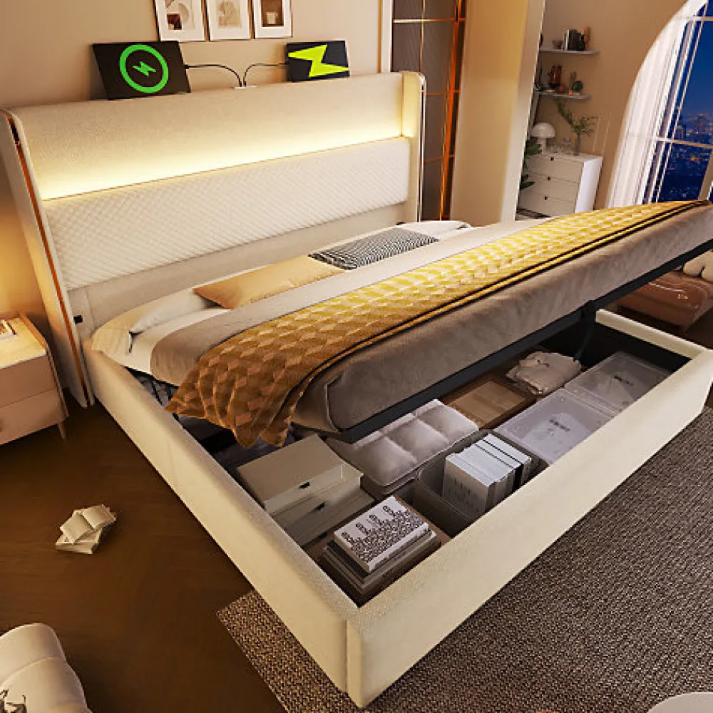 Lit coffre rembourré 140x200cm avec éclairage LED - ports USB et Type-C - tissu en Lin - Beige (sans matelas)>ModernLuxe Clearance