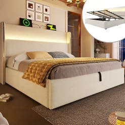 Lit coffre rembourré 140x200cm avec éclairage LED - ports USB et Type-C - tissu en Lin - Beige (sans matelas)>ModernLuxe Clearance
