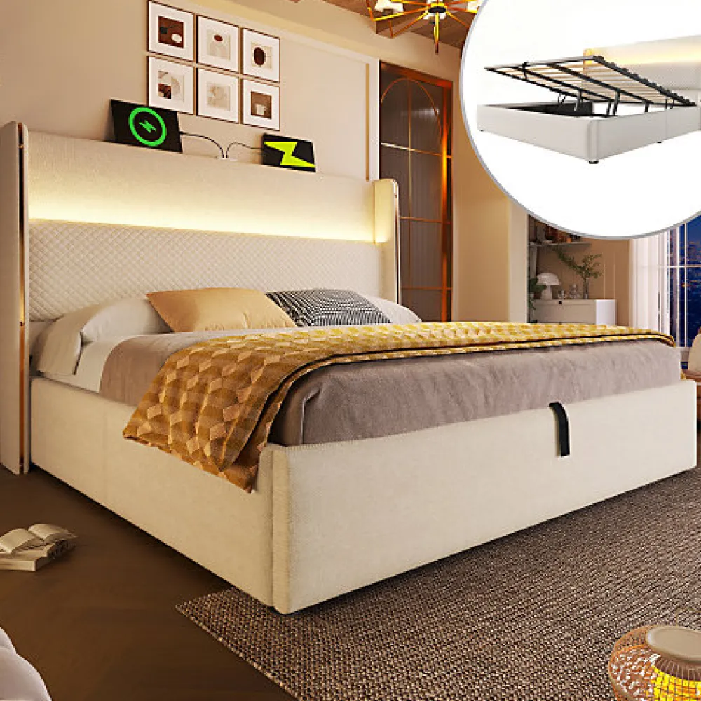 Lit coffre rembourré 140x200cm avec éclairage LED - ports USB et Type-C - tissu en Lin - Beige (sans matelas)>ModernLuxe Clearance