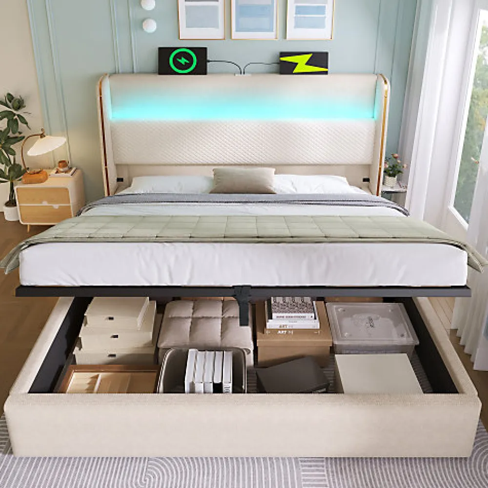 Lit coffre rembourré 140x200cm avec éclairage LED - ports USB et Type-C - tissu en Lin - Beige (sans matelas)>ModernLuxe Clearance