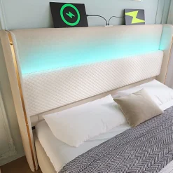 Lit coffre rembourré 140x200cm avec éclairage LED - ports USB et Type-C - tissu en Lin - Beige (sans matelas)><noscript><img width=