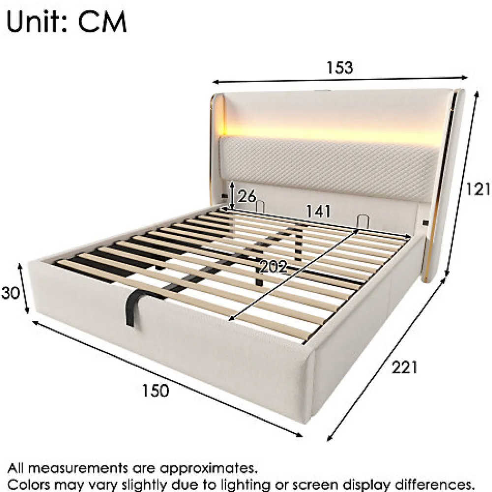 Lit coffre rembourré 140x200cm avec éclairage LED - ports USB et Type-C - tissu en Lin - Beige (sans matelas)>ModernLuxe Clearance