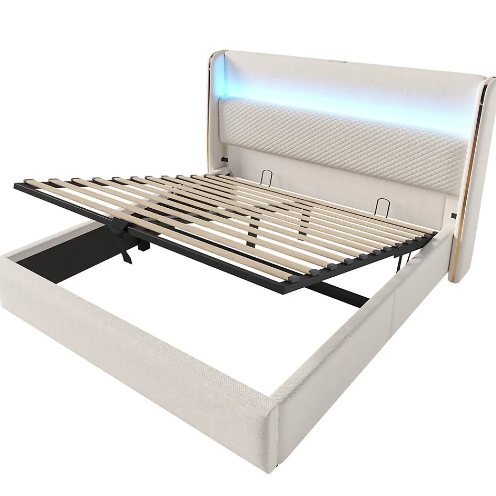 Lit coffre rembourré 140x200cm avec éclairage LED - ports USB et Type-C - tissu en Lin - Beige (sans matelas)>ModernLuxe Clearance