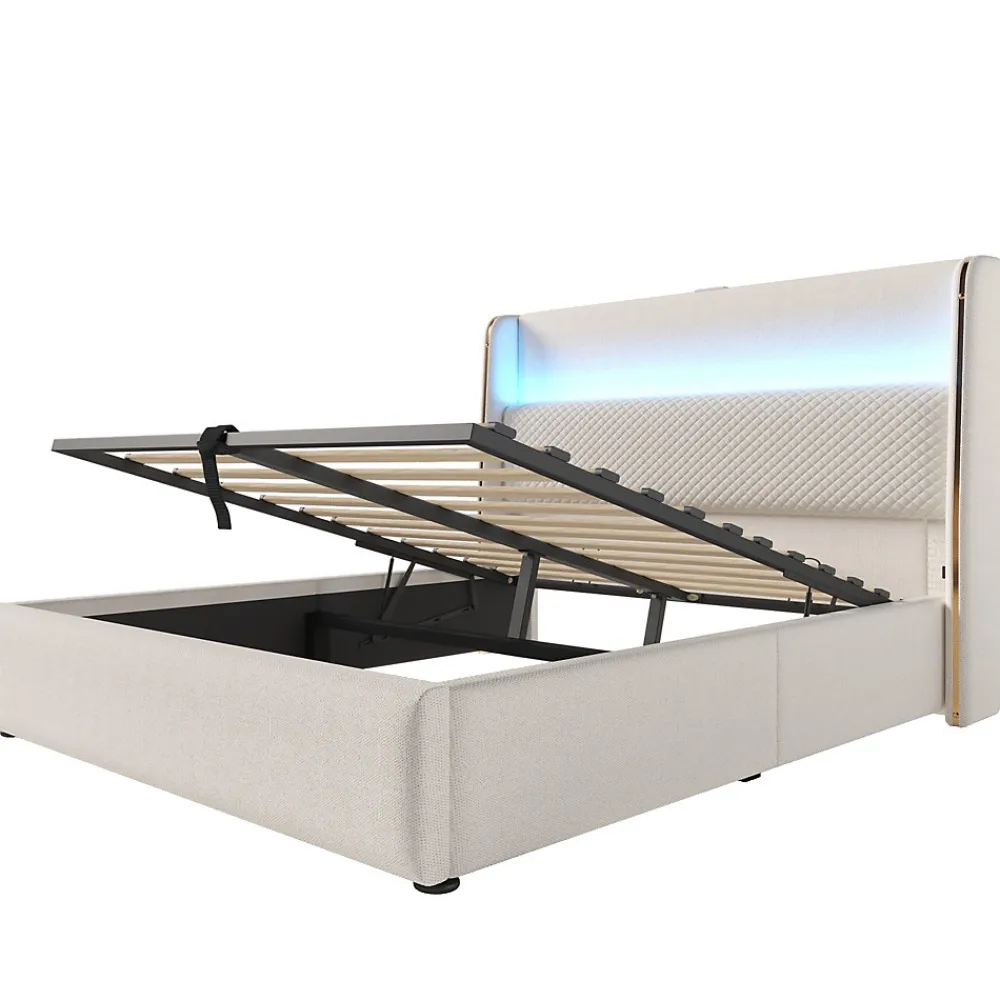 Lit coffre rembourré 140x200cm avec éclairage LED - ports USB et Type-C - tissu en Lin - Beige (sans matelas)>ModernLuxe Clearance