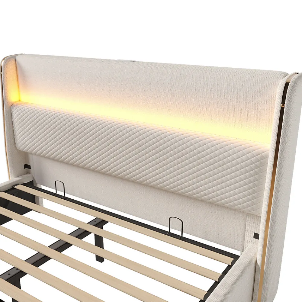 Lit coffre rembourré 140x200cm avec éclairage LED - ports USB et Type-C - tissu en Lin - Beige (sans matelas)>ModernLuxe Clearance