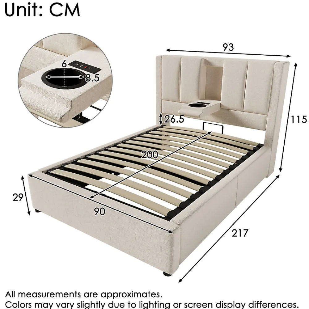 ModernLuxe Lit coffre rembourré 90x200cm avec porte-gobelet - ports USB et Type-C - avec sommier à lattes - Lin - Beige (sans matelas)* Lit Coffre