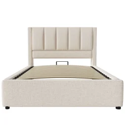 ModernLuxe Lit coffre rembourré 90x200cm avec porte-gobelet - ports USB et Type-C - avec sommier à lattes - Lin - Beige (sans matelas)* Lit Coffre