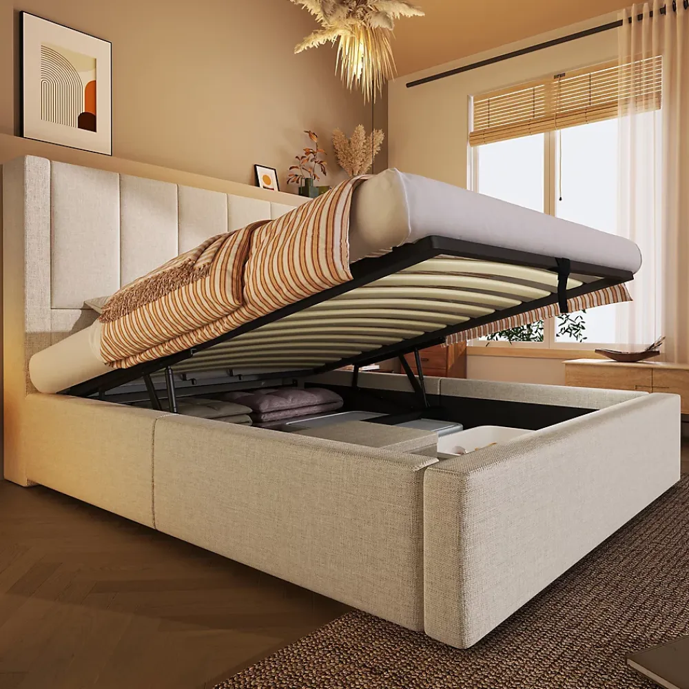 ModernLuxe Lit coffre rembourré 90x200cm avec porte-gobelet - ports USB et Type-C - avec sommier à lattes - Lin - Beige (sans matelas)* Lit Coffre