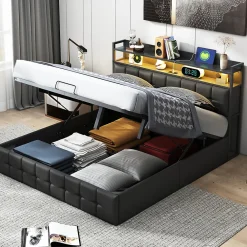 Lit coffre rembourré 140x200cm en tissu de pu - avec LED et port de charge - avec sommier à lattes - Noir>Simple Life Hot