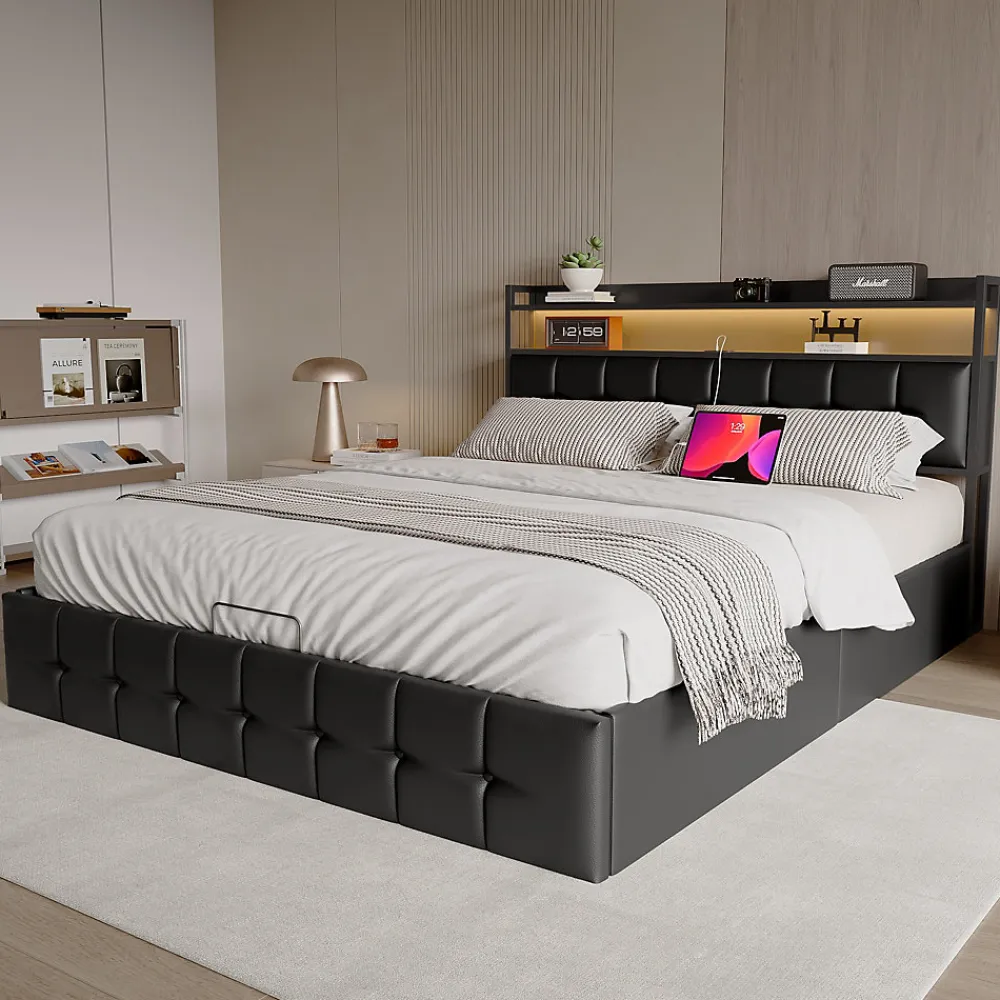 Lit coffre rembourré 140x200cm en tissu de pu - avec LED et port de charge - avec sommier à lattes - Noir>Simple Life Hot