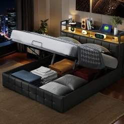 Lit coffre rembourré 140x200cm en tissu de pu - avec LED et port de charge - avec sommier à lattes - Noir><noscript><img width=