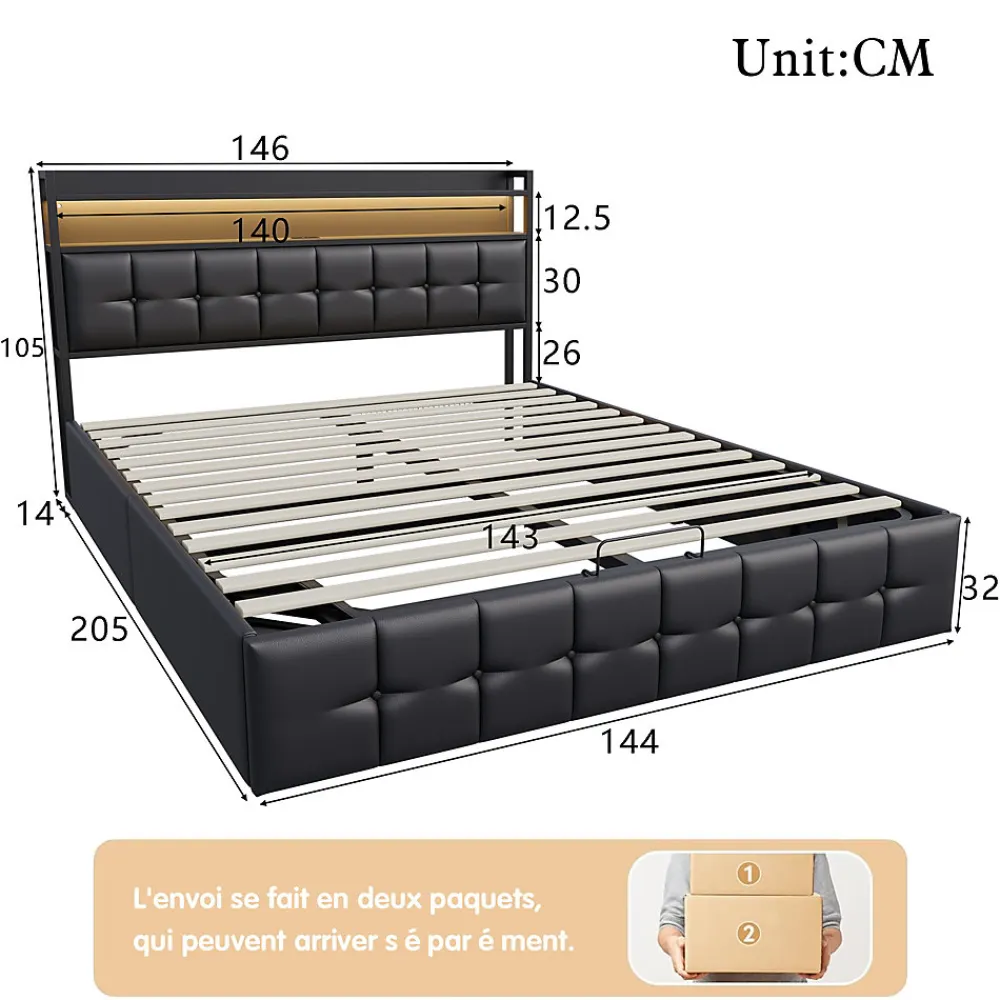 Lit coffre rembourré 140x200cm en tissu de pu - avec LED et port de charge - avec sommier à lattes - Noir>Simple Life Hot