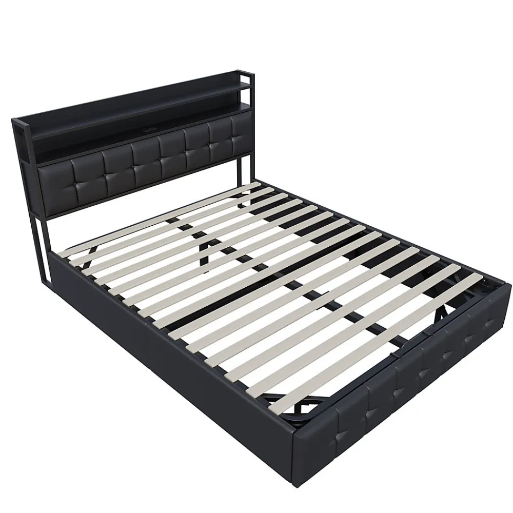 Lit coffre rembourré 140x200cm en tissu de pu - avec LED et port de charge - avec sommier à lattes - Noir>Simple Life Hot