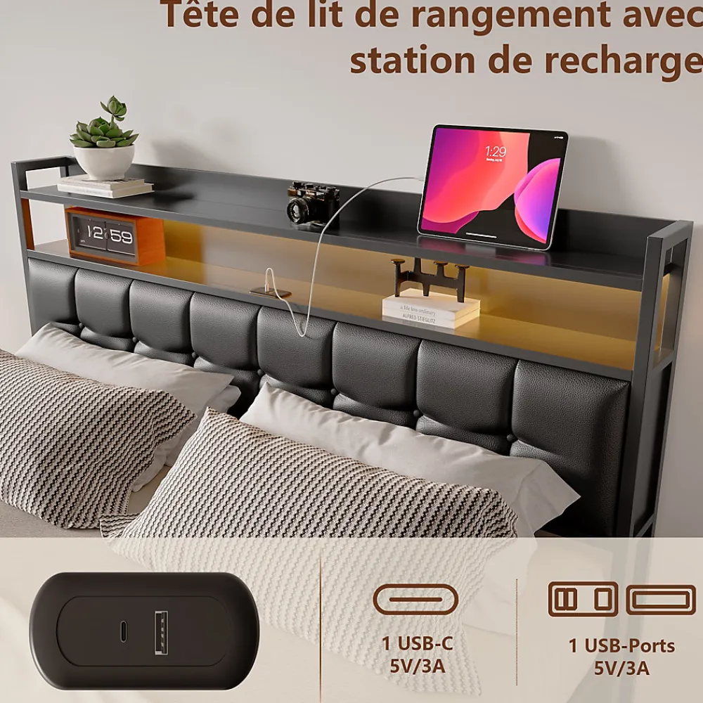 Lit coffre rembourré 140x200cm en tissu de pu - avec LED et port de charge - avec sommier à lattes - Noir>Simple Life Hot