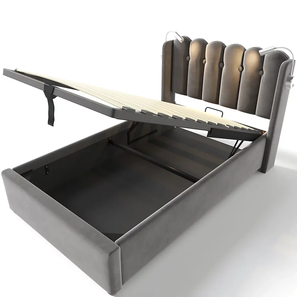 Blackcolors Lit Coffre Simple Rembourré Tête De Lit Rangement Velours 90x200 Gris* Lit Coffre