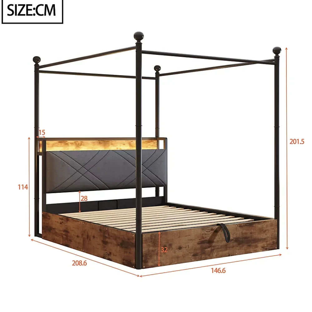 Okwish Lit Coffre Simple 90x190 cm - Baldaquin et Éclairage LED, Rangement Hydraulique Sous Sommier, Ports USB/Type-C, Sans Matelas, Noir* Lit Coffre