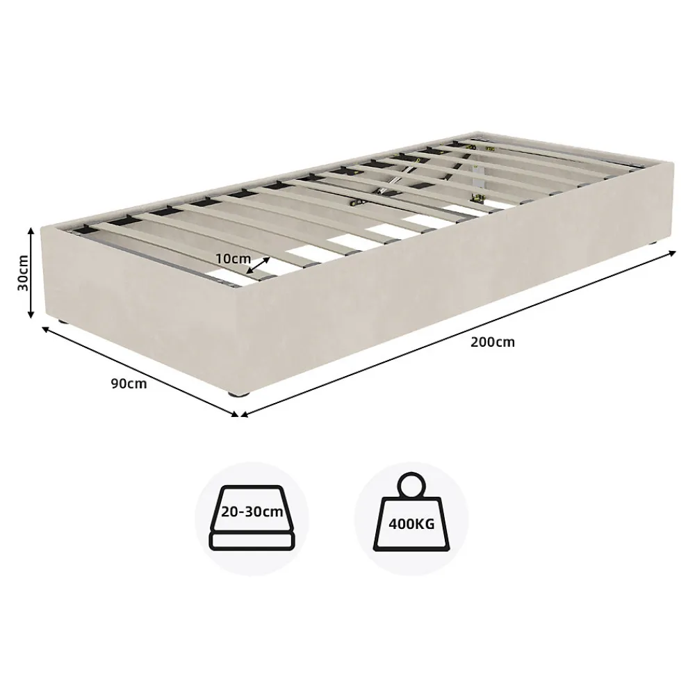 Lit Coffre Simple 90x200 cm - Lit Avec Vérin Pour Ouverture Facile, Bas et Moderne, Sans Tête de Lit, Sans Matelas, Velours Beige>Okwish Outlet