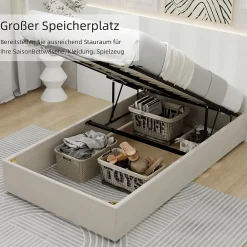 Lit Coffre Simple 90x200 cm - Lit Avec Vérin Pour Ouverture Facile, Bas et Moderne, Sans Tête de Lit, Sans Matelas, Velours Beige><noscript><img width=