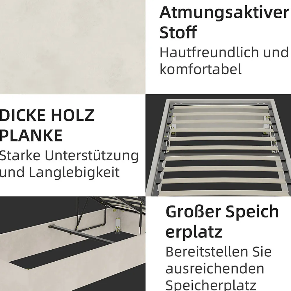 Lit Coffre Simple 90x200 cm - Lit Avec Vérin Pour Ouverture Facile, Bas et Moderne, Sans Tête de Lit, Sans Matelas, Velours Beige>Okwish Outlet