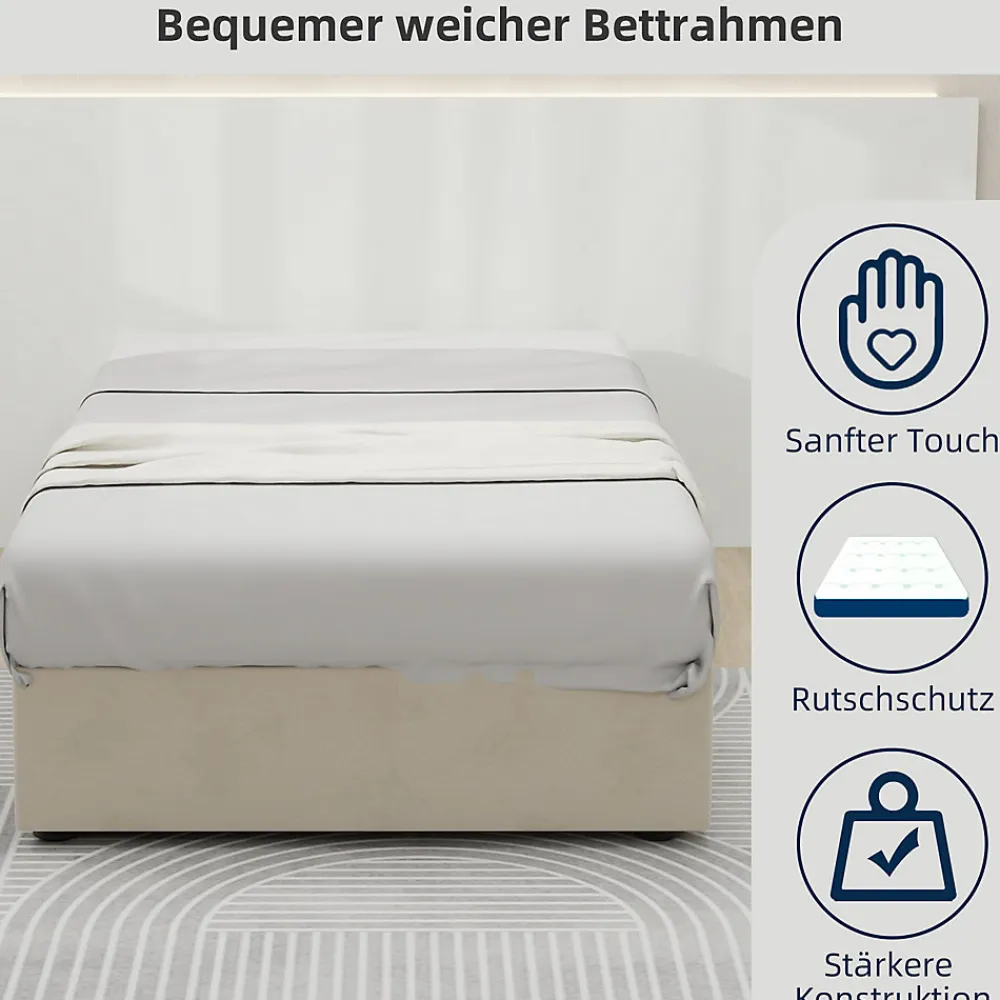 Lit Coffre Simple 90x200 cm - Lit Avec Vérin Pour Ouverture Facile, Bas et Moderne, Sans Tête de Lit, Sans Matelas, Velours Beige>Okwish Outlet