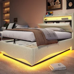 Okwish Lit Coffre Simple 90x200 cm - Lit Enfant Capitonné avec LED, Ports USB et Rangement sous Le Lit, Tissu Lin, Beige* Lit Coffre