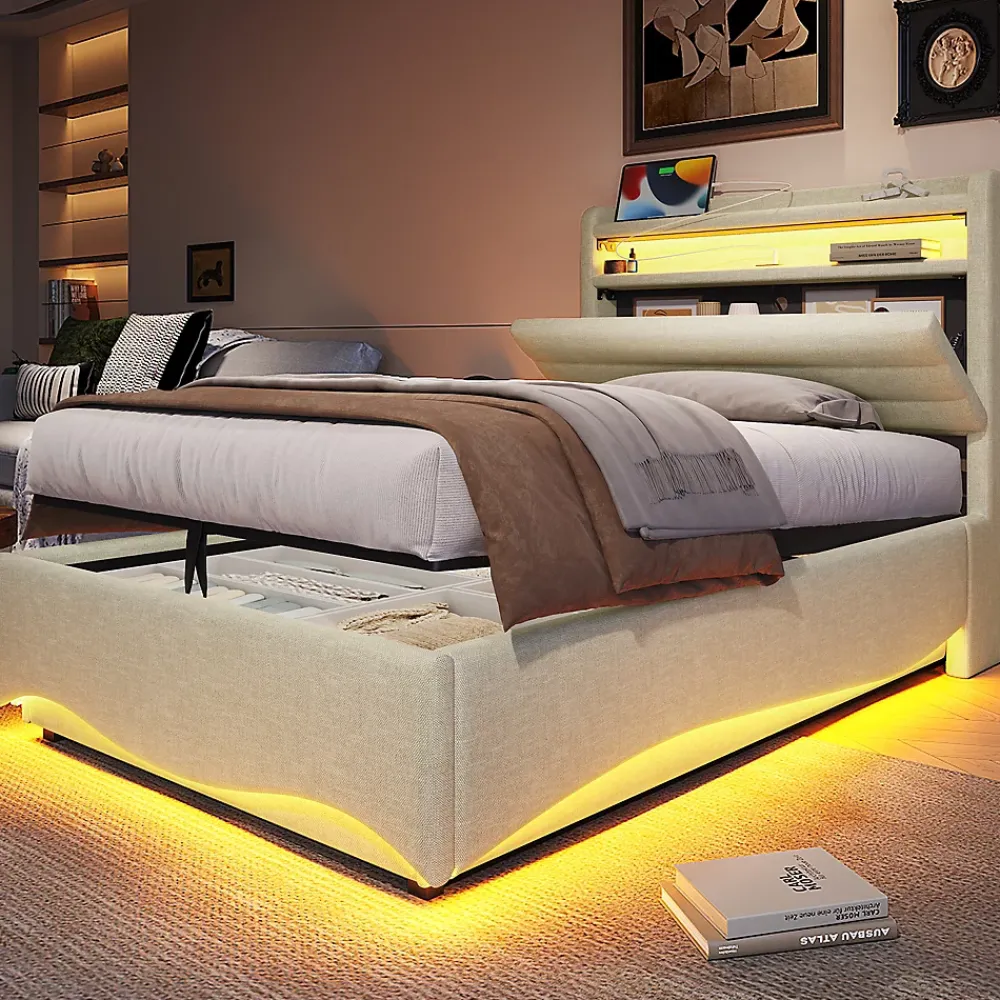 Okwish Lit Coffre Simple 90x200 cm - Lit Enfant Capitonné avec LED, Ports USB et Rangement sous Le Lit, Tissu Lin, Beige* Lit Coffre