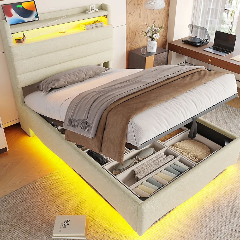 Okwish Lit Coffre Simple 90x200 cm - Lit Enfant Capitonné avec LED, Ports USB et Rangement sous Le Lit, Tissu Lin, Beige* Lit Coffre