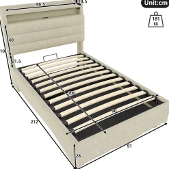 Okwish Lit Coffre Simple 90x200 cm - Lit Enfant Capitonné avec LED, Ports USB et Rangement sous Le Lit, Tissu Lin, Beige* Lit Coffre