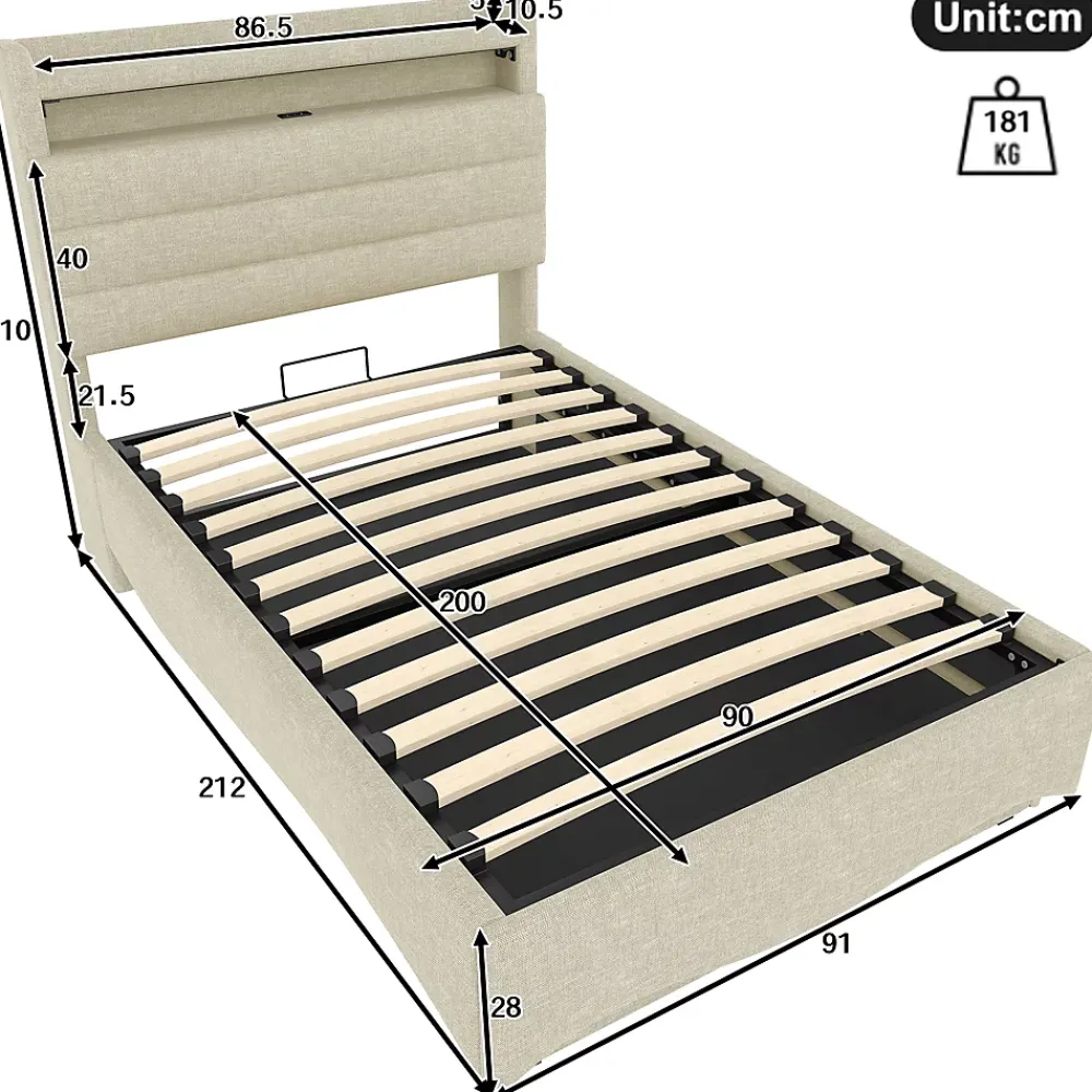 Okwish Lit Coffre Simple 90x200 cm - Lit Enfant Capitonné avec LED, Ports USB et Rangement sous Le Lit, Tissu Lin, Beige* Lit Coffre