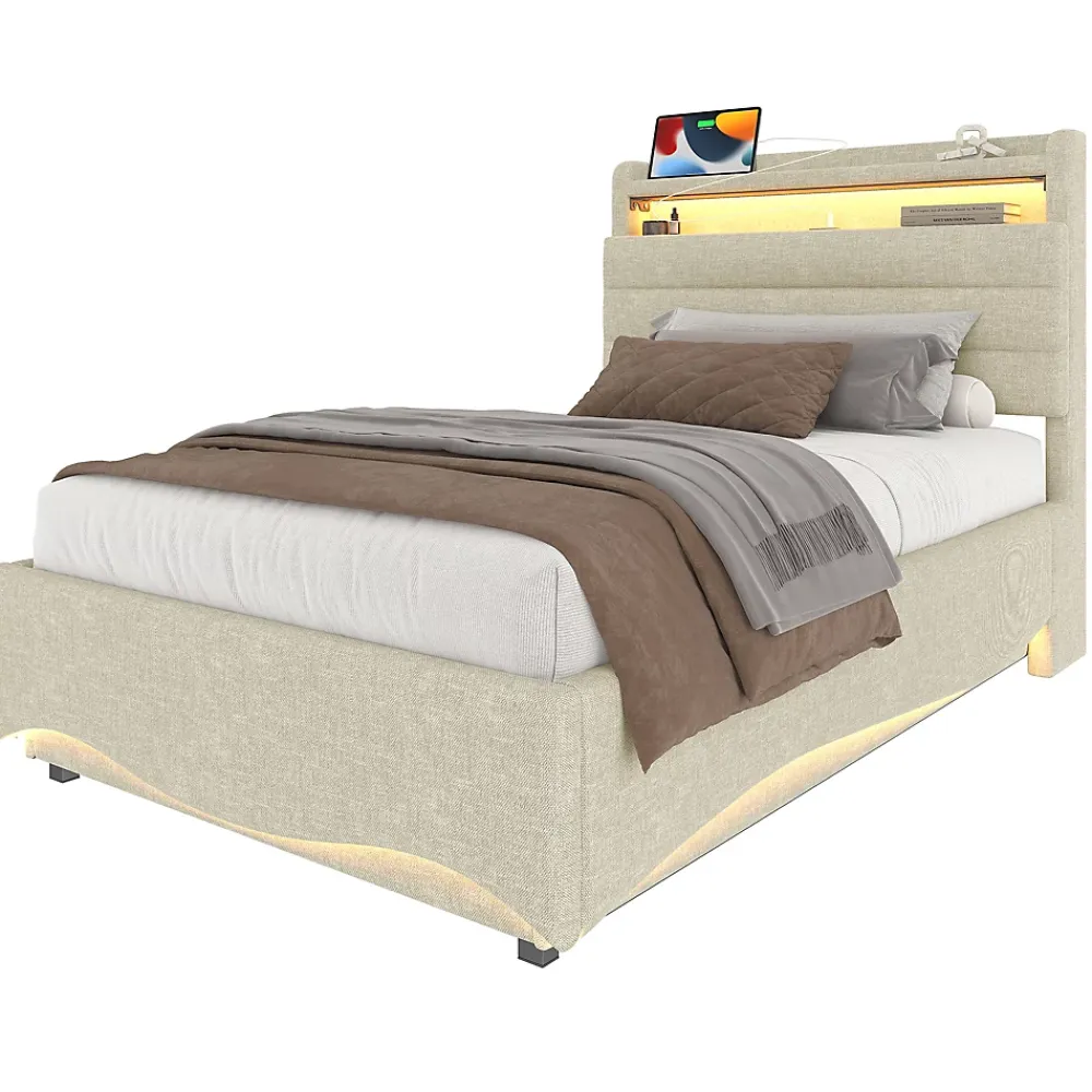 Okwish Lit Coffre Simple 90x200 cm - Lit Enfant Capitonné avec LED, Ports USB et Rangement sous Le Lit, Tissu Lin, Beige* Lit Coffre