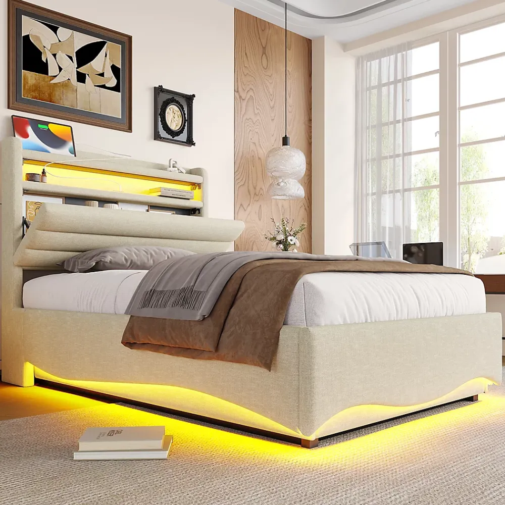 Okwish Lit Coffre Simple 90x200 cm - Lit Enfant Capitonné avec LED, Ports USB et Rangement sous Le Lit, Tissu Lin, Beige* Lit Coffre