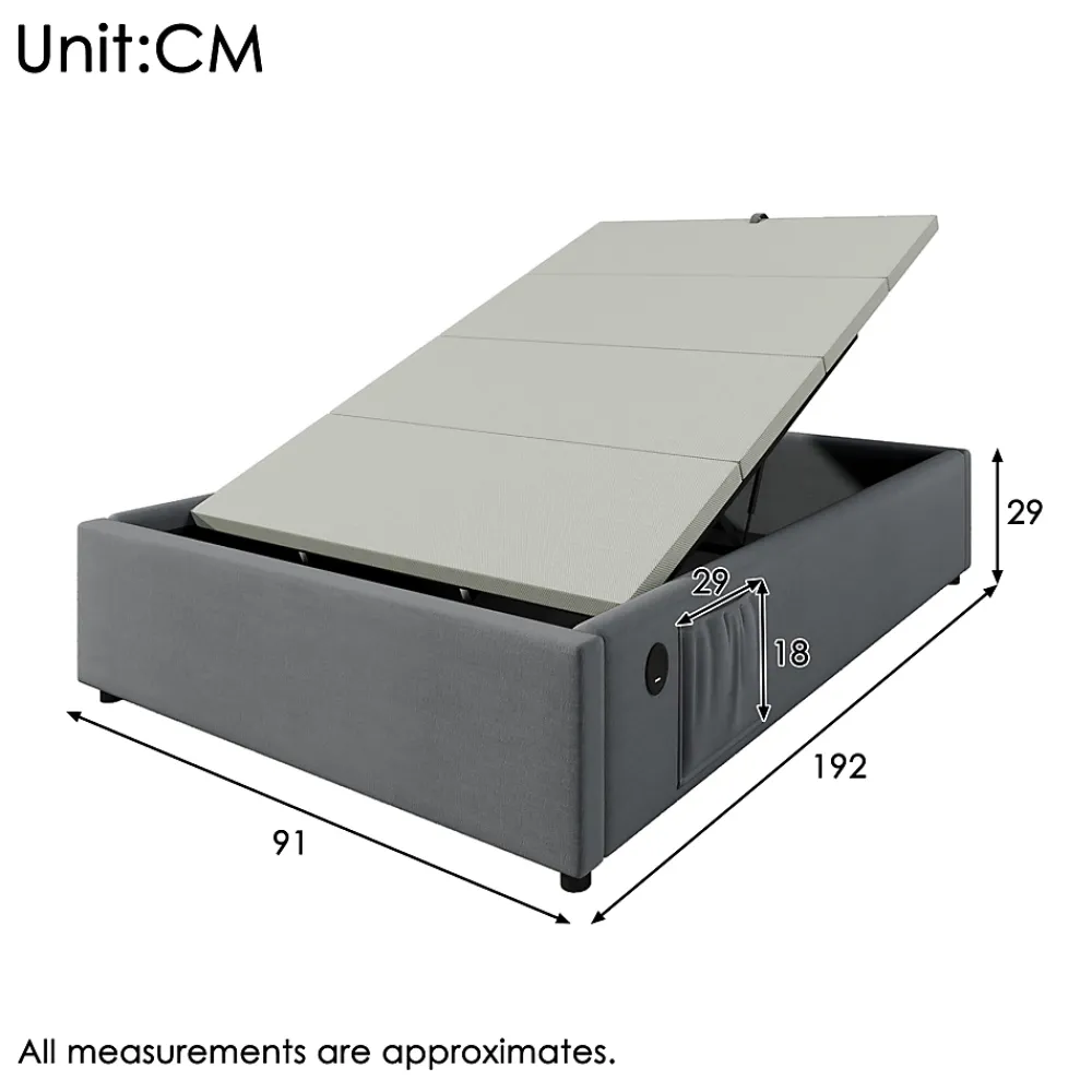 Okwish Lit Coffre Simple 90x190 cm avec Rangement Intégré et Port USB-C, Cadre Métal et Coton Gris, Sans Matelas* Lit Coffre