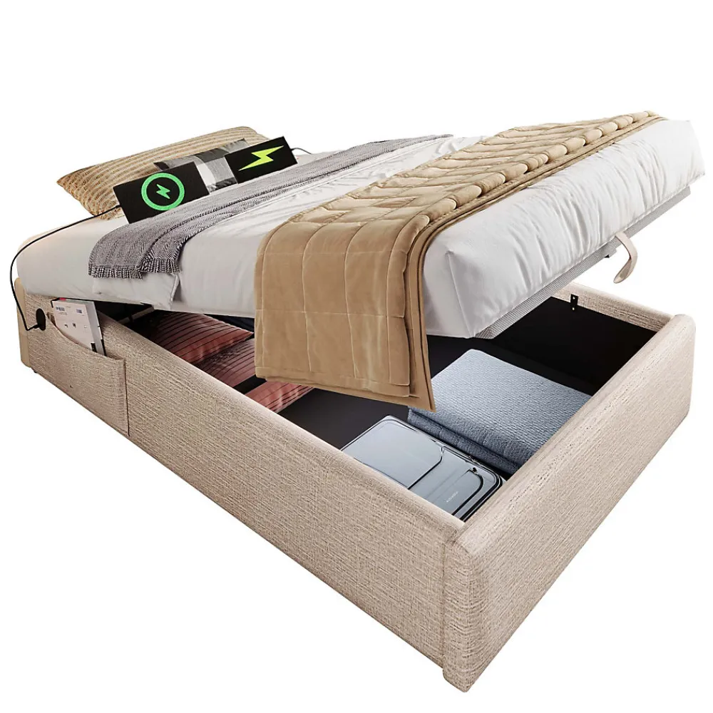 Lit Coffre Simple 90x190 cm avec Rangement Intégré et Port USB-C, Cadre Métal et Lin Naturel, Sans Matelas>Okwish Outlet