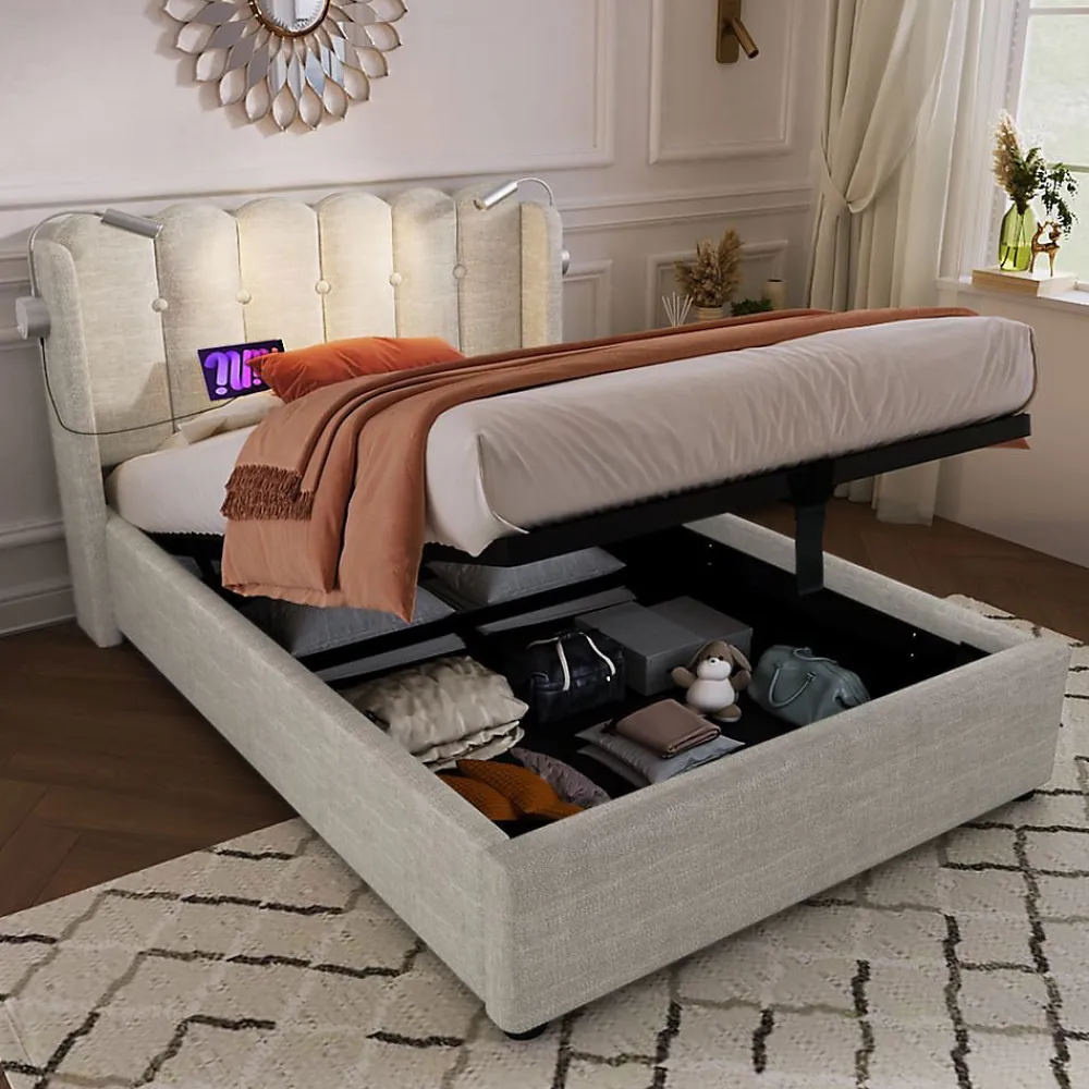 Blackcolors Lit Coffre Simple 90x200cm Rembourré Rangement Lin Naturel* Lit Coffre