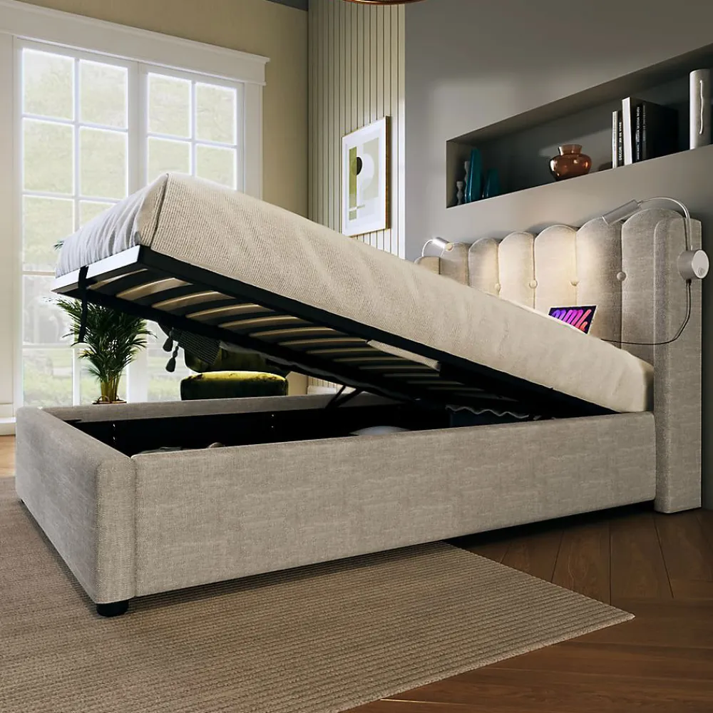 Blackcolors Lit Coffre Simple 90x200cm Rembourré Rangement Lin Naturel* Lit Coffre