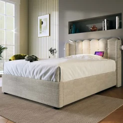 Blackcolors Lit Coffre Simple 90x200cm Rembourré Rangement Lin Naturel* Lit Coffre