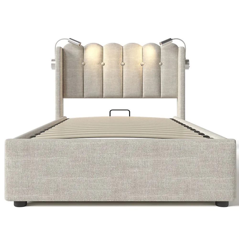Blackcolors Lit Coffre Simple 90x200cm Rembourré Rangement Lin Naturel* Lit Coffre