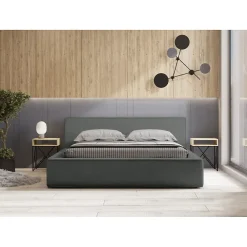 Meublorama Lit coffre VELORA Ardoise bouclé 180x200 cm Tissu velours doux Sommier relevable Rangement intégré* Lit Double