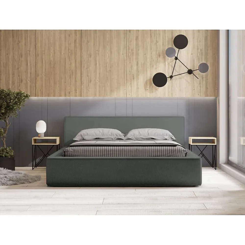 Meublorama Lit coffre VELORA Ardoise bouclé 180x200 cm Tissu velours doux Sommier relevable Rangement intégré* Lit Double