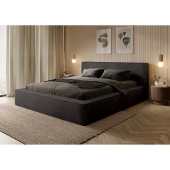 Meublorama Lit coffre VELORA Gris anthracite 160x200 cm Tissu velours doux Sommier relevable Rangement intégré* Lit Double