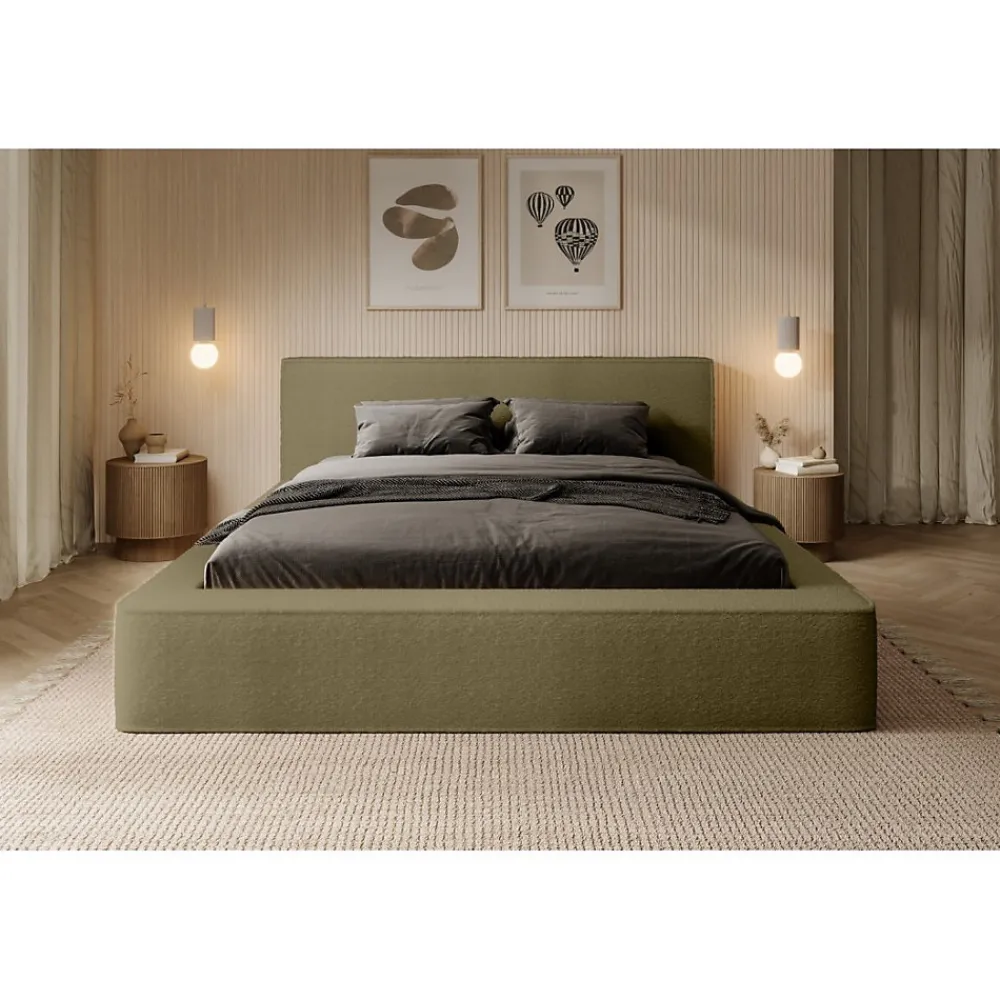 Lit coffre VELORA Olive bouclé 160x200 cm Tissu velours doux Sommier relevable Rangement intégré>Meublorama Hot
